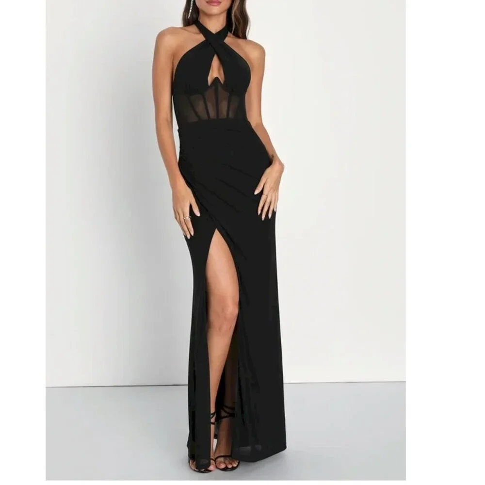 Never-Ending Glamour Black Mesh Cross-Front Halter Maxi Dress Size XS NWOT - Picture 12 of 13